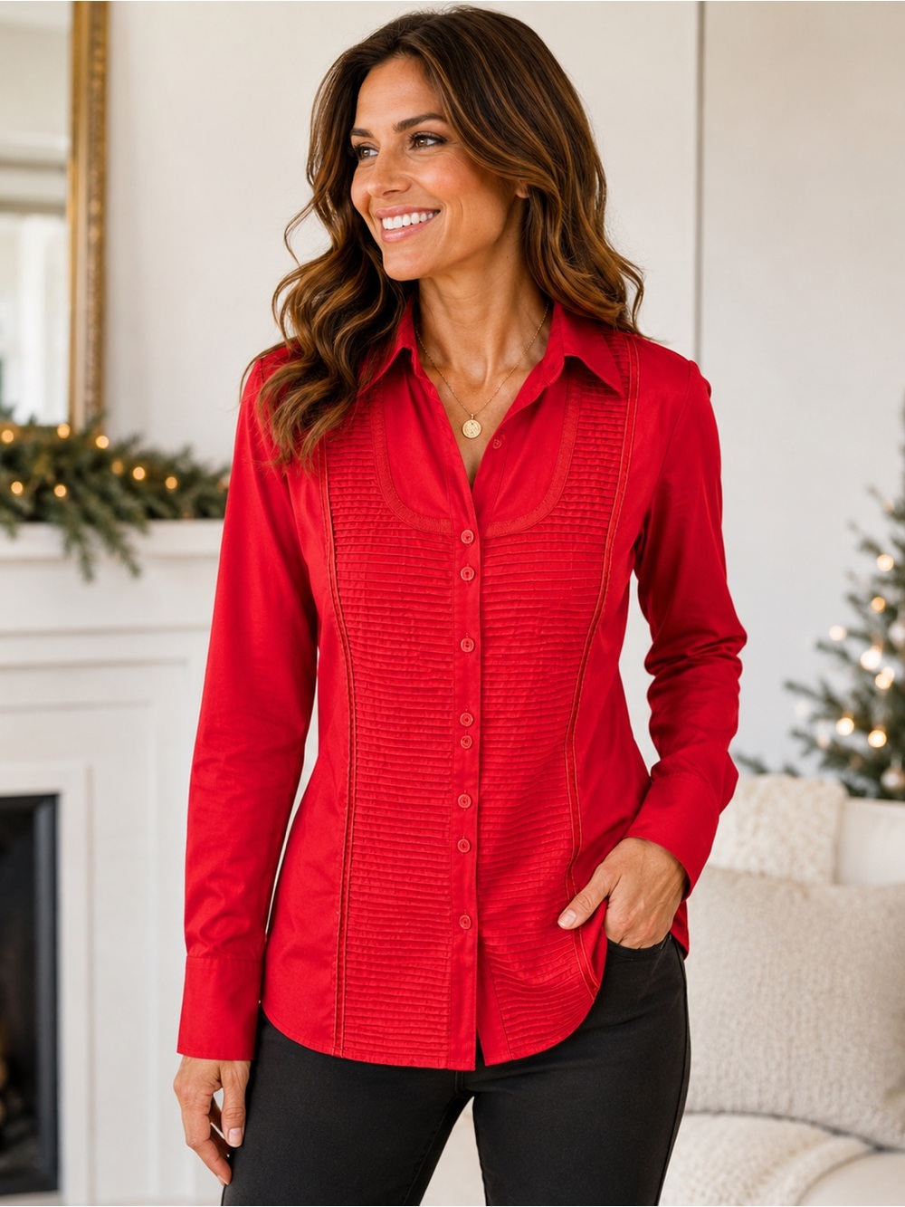 NWT Worthington Red Pintuck Velvet Trim Button Front Blouse Size 10